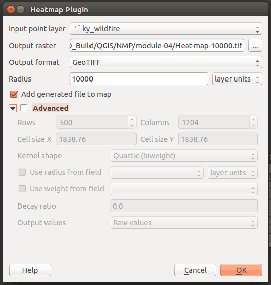Settings for creating a heat map in QGIS